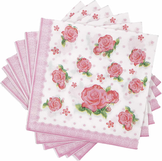 WallyE Mint Floral Pink Printed Napkins Red Rose Chintz Decoupage Paper for Bridal Shower Tea Party Birthday or Wedding,20 Pack