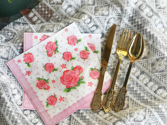 WallyE Mint Floral Pink Printed Napkins Red Rose Chintz Decoupage Paper for Bridal Shower Tea Party Birthday or Wedding,20 Pack