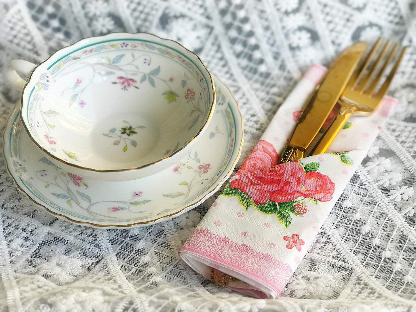 WallyE Mint Floral Pink Printed Napkins Red Rose Chintz Decoupage Paper for Bridal Shower Tea Party Birthday or Wedding,20 Pack
