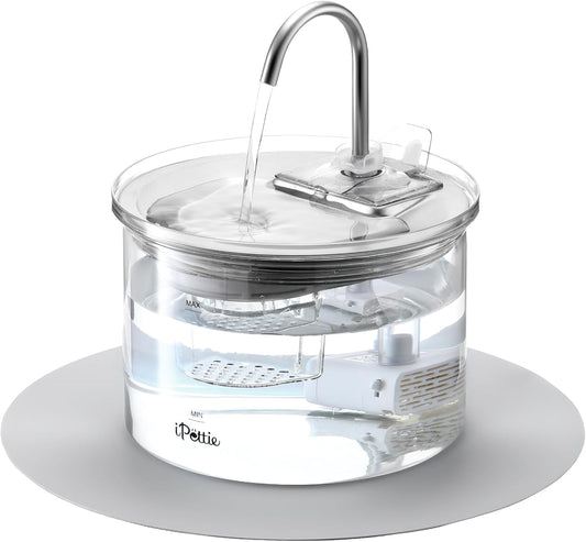 iPettie Glass Cat Water Fountain, Kitty Spout Water Fountain 68oz/2L for Cats Dogs with 2 Spray Heads, 3-Stage Filtration, Automatic Water Dispenser, Glass & Stainless Steel