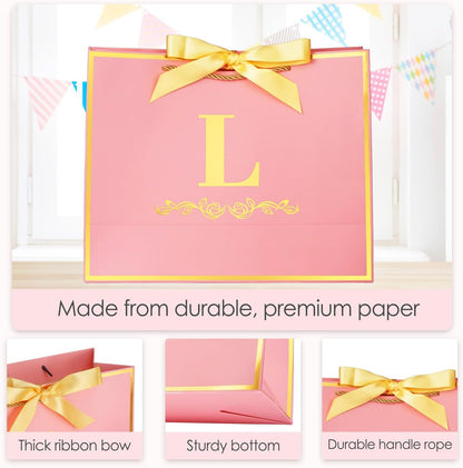 Initial Birthday Gift Bag with Card and Tissue Paper for Women/ Her, 13" Large Pink Gold Personalized Alphabet Bow Bag, Birthday Decorations for Women, Bridal Party Paper Bags for Gifts Wrapping