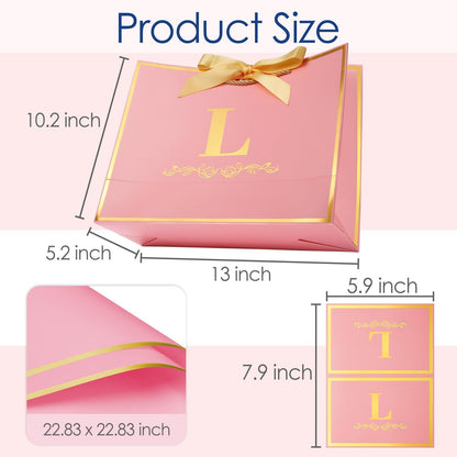 Initial Birthday Gift Bag with Card and Tissue Paper for Women/ Her, 13" Large Pink Gold Personalized Alphabet Bow Bag, Birthday Decorations for Women, Bridal Party Paper Bags for Gifts Wrapping