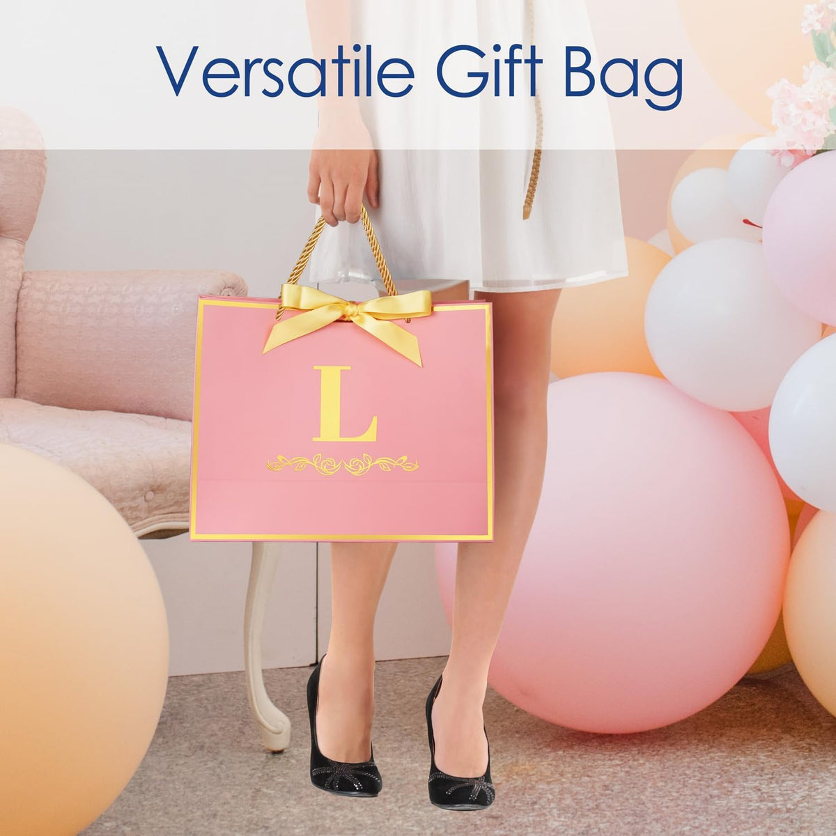 Initial Birthday Gift Bag with Card and Tissue Paper for Women/ Her, 13" Large Pink Gold Personalized Alphabet Bow Bag, Birthday Decorations for Women, Bridal Party Paper Bags for Gifts Wrapping