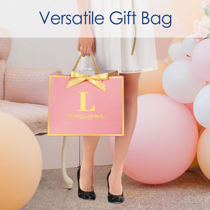 Initial Birthday Gift Bag with Card and Tissue Paper for Women/ Her, 13" Large Pink Gold Personalized Alphabet Bow Bag, Birthday Decorations for Women, Bridal Party Paper Bags for Gifts Wrapping