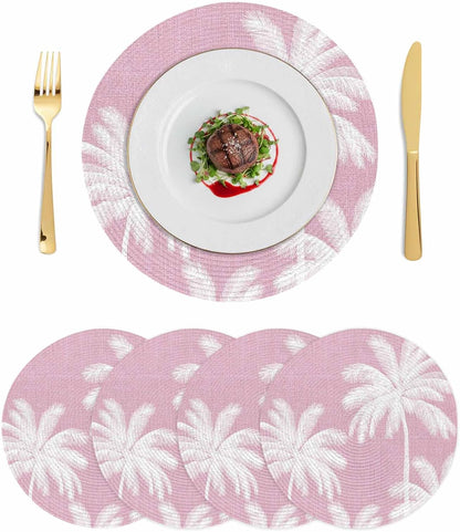 Round 15 Inch Placemats Set of 4, Peach Pink Palm Tree HeatResistant Non Slip Place Mats for Dining Table, Summer Botancial Tropical Farmhouse Wipeable Braided Kitchen Table Mats for Housewarming