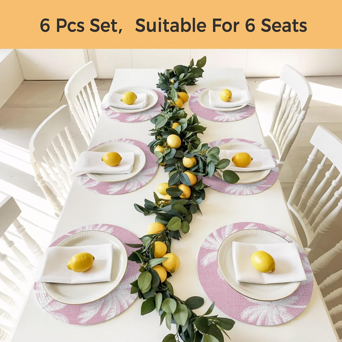 Round 15 Inch Placemats Set of 4, Peach Pink Palm Tree HeatResistant Non Slip Place Mats for Dining Table, Summer Botancial Tropical Farmhouse Wipeable Braided Kitchen Table Mats for Housewarming