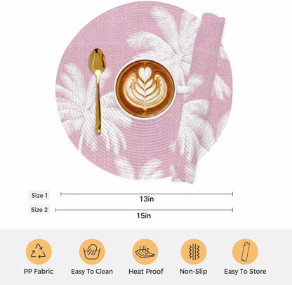 Round 15 Inch Placemats Set of 4, Peach Pink Palm Tree HeatResistant Non Slip Place Mats for Dining Table, Summer Botancial Tropical Farmhouse Wipeable Braided Kitchen Table Mats for Housewarming