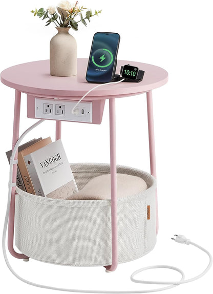VASAGLE Side Table with Charging Station,Fabric Basket, Round End Table