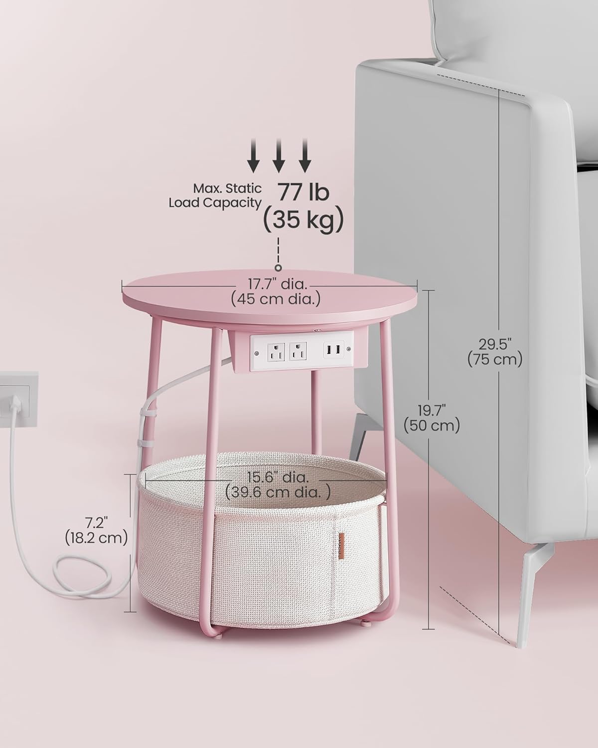 VASAGLE Side Table with Charging Station,Fabric Basket, Round End Table