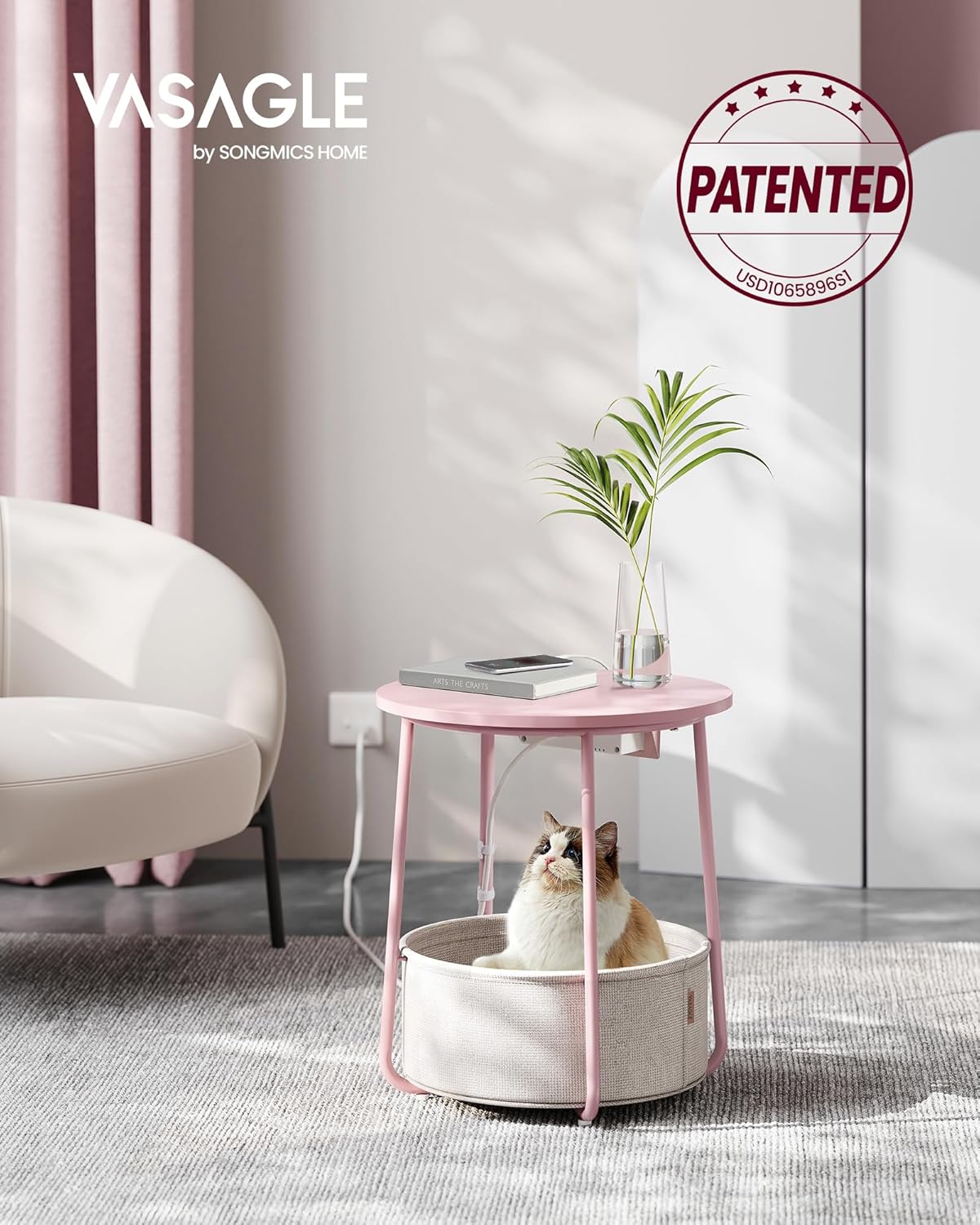 VASAGLE Side Table with Charging Station,Fabric Basket, Round End Table