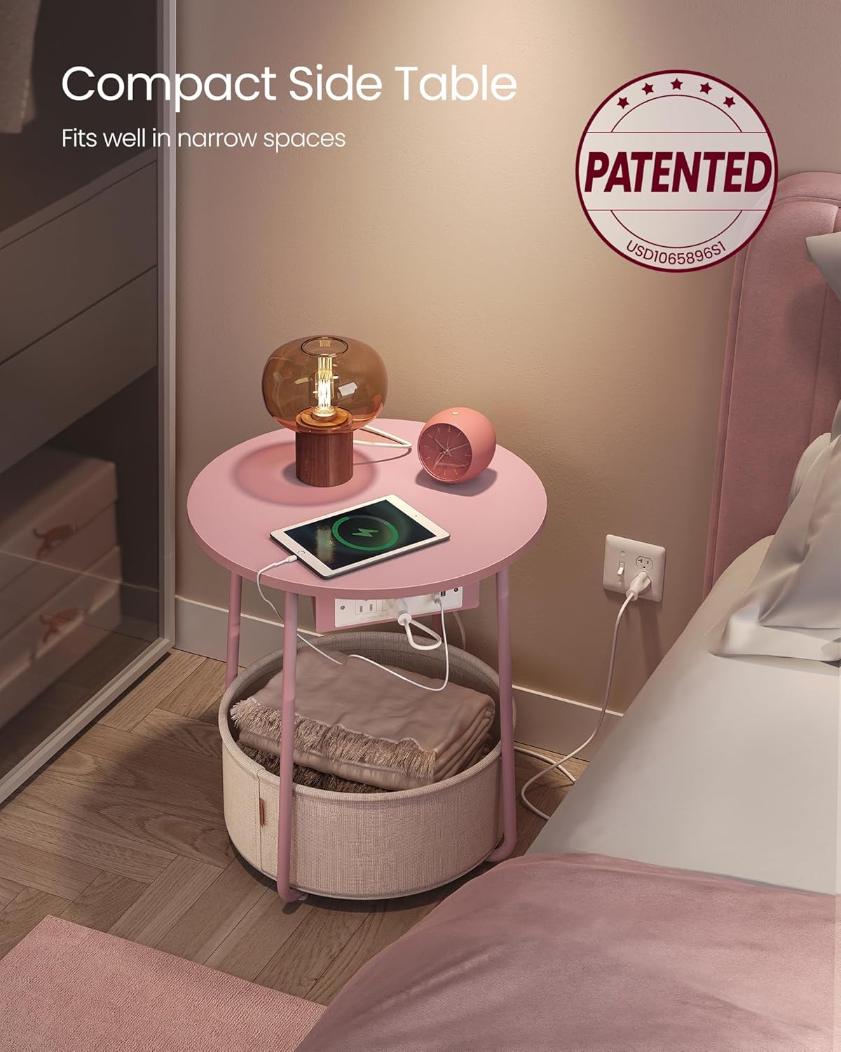 VASAGLE Side Table with Charging Station,Fabric Basket, Round End Table