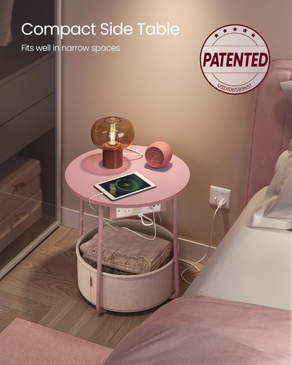 VASAGLE Side Table with Charging Station,Fabric Basket, Round End Table