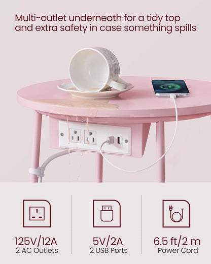 VASAGLE Side Table with Charging Station,Fabric Basket, Round End Table