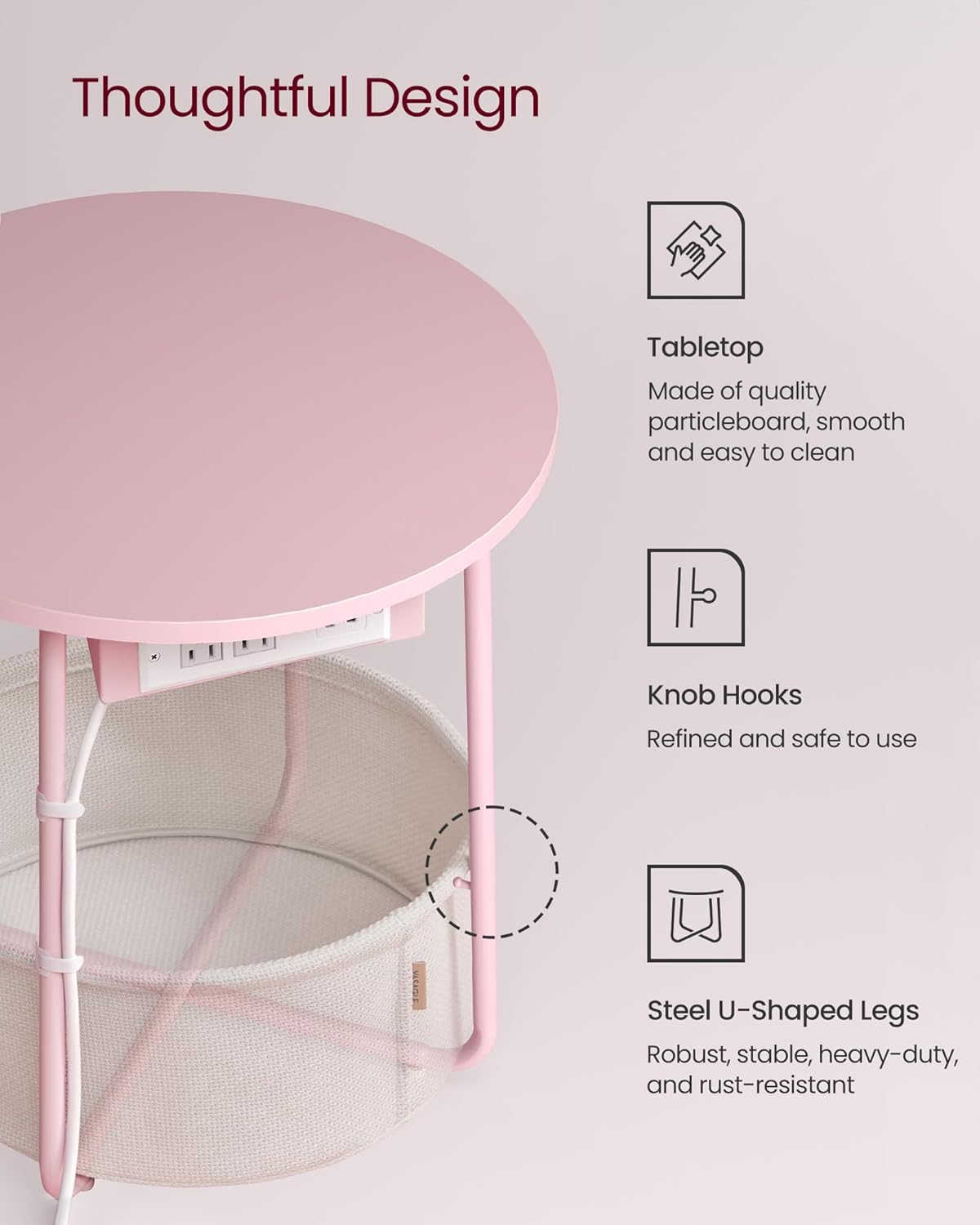 VASAGLE Side Table with Charging Station,Fabric Basket, Round End Table