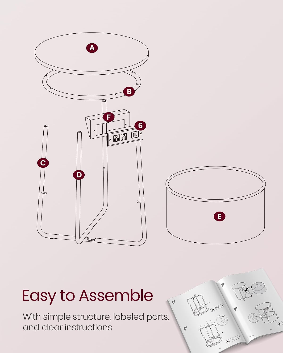 VASAGLE Side Table with Charging Station,Fabric Basket, Round End Table