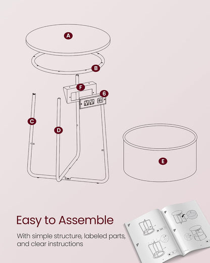 VASAGLE Side Table with Charging Station,Fabric Basket, Round End Table