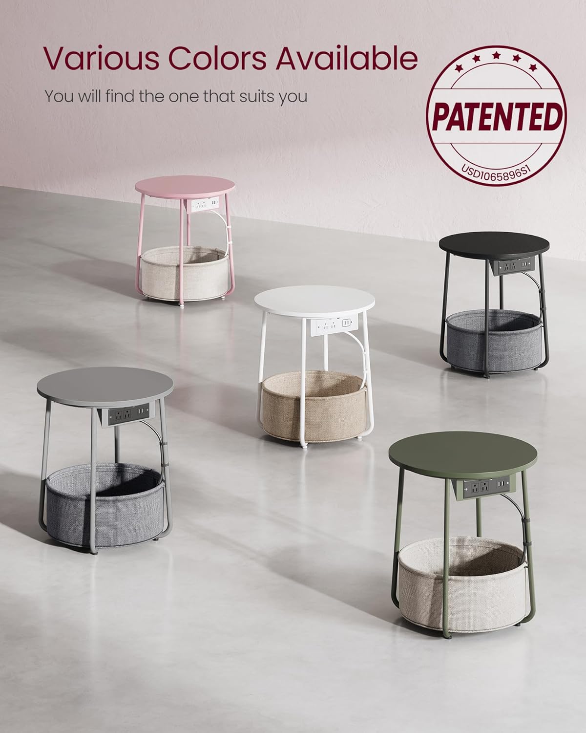 VASAGLE Side Table with Charging Station,Fabric Basket, Round End Table