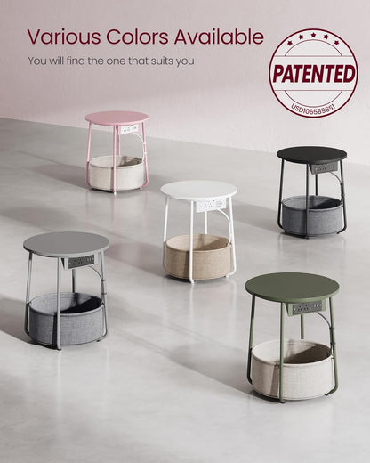 VASAGLE Side Table with Charging Station,Fabric Basket, Round End Table