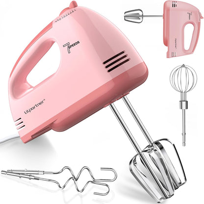 Hand Mixer Electric, Ultra Power Kitchen Hand Mixer With 7-Speed & 5 Stainless Steel Accessories for Whipping Dough, Cream, Cake, Dishwasher Safe, Light Pink