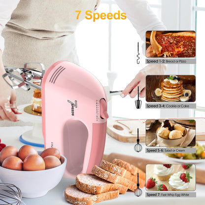 Hand Mixer Electric, Ultra Power Kitchen Hand Mixer With 7-Speed & 5 Stainless Steel Accessories for Whipping Dough, Cream, Cake, Dishwasher Safe, Light Pink