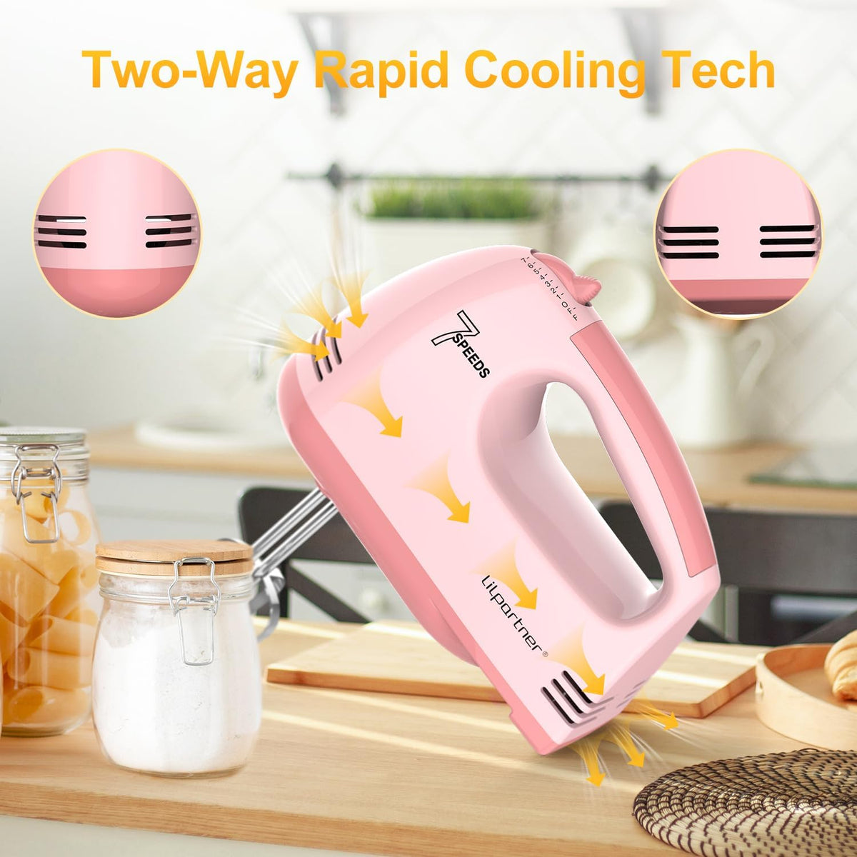 Hand Mixer Electric, Ultra Power Kitchen Hand Mixer With 7-Speed & 5 Stainless Steel Accessories for Whipping Dough, Cream, Cake, Dishwasher Safe, Light Pink