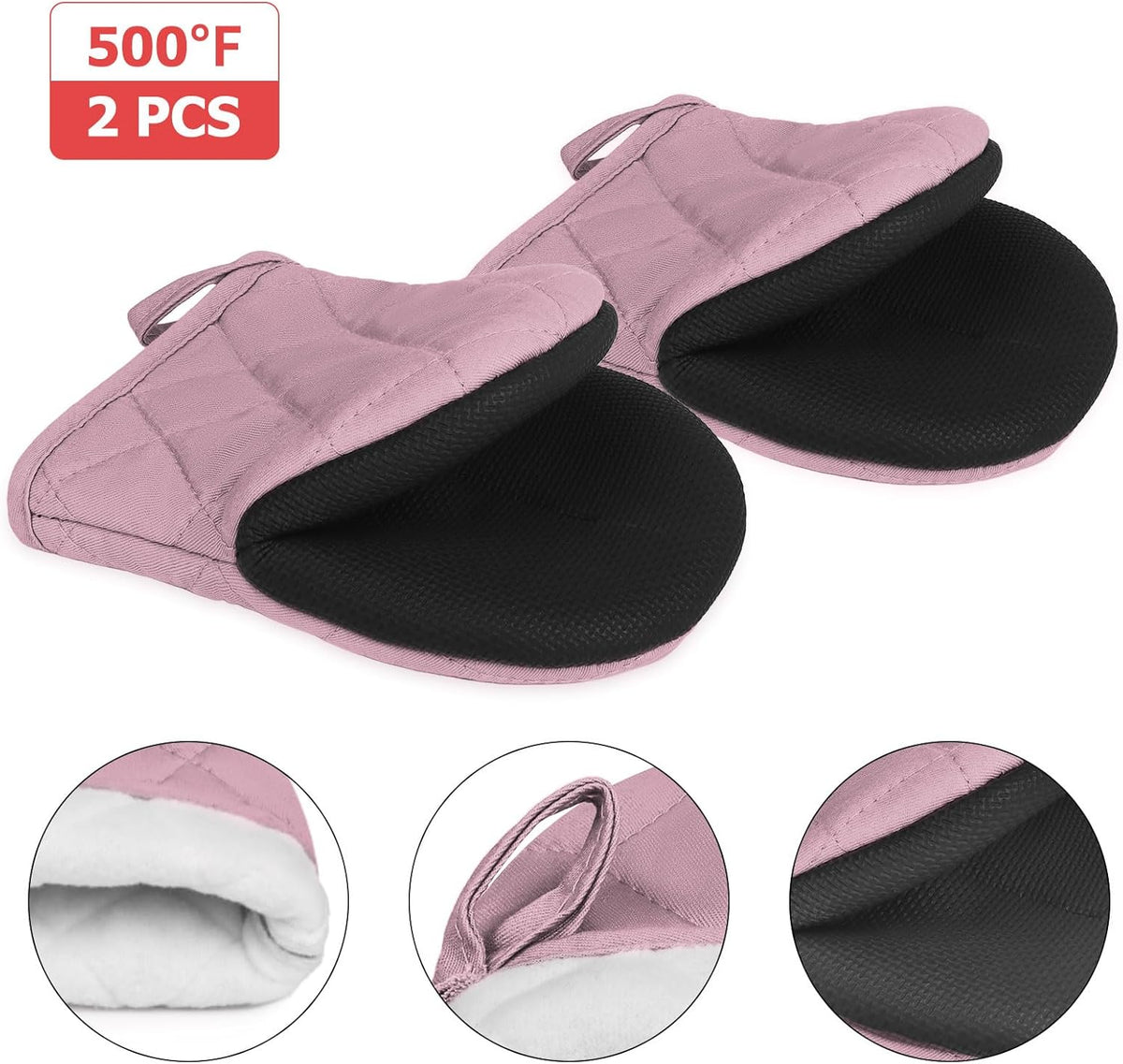 Mini Oven Mitts 2-Pack, 7"x5.5", 500°F Silicone Grip, Light Pink
