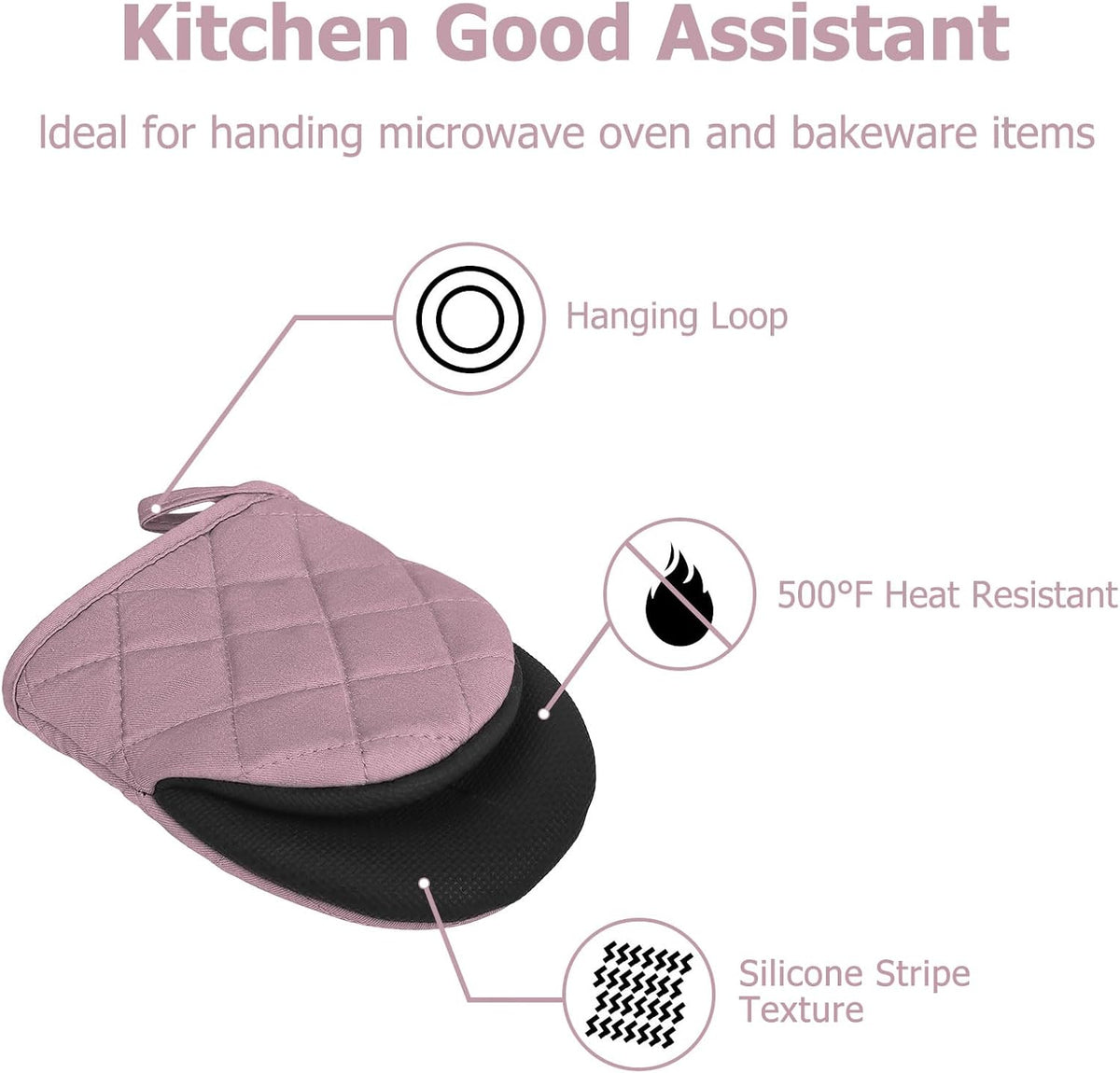 Mini Oven Mitts 2-Pack, 7"x5.5", 500°F Silicone Grip, Light Pink