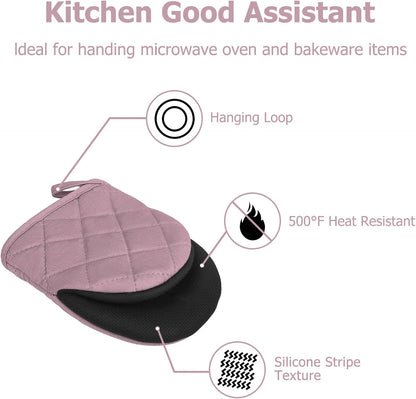 Mini Oven Mitts 2-Pack, 7"x5.5", 500°F Silicone Grip, Light Pink