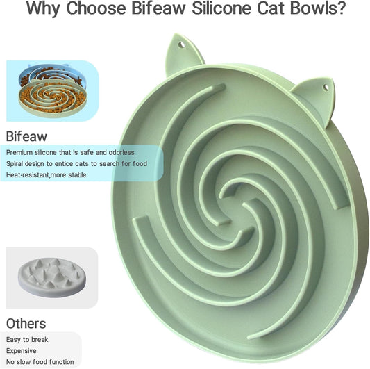 Bifeaw Slow Feeder Cat Bowl, Easy to Clean Silicone Bowl, Ideal for Dry and Wet Food (Green and Blue)