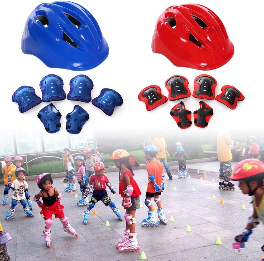Kids Cycle Helmet for Boys & Girls,7Pcs/Set Roller Skateboard Ski Adjustable PVC Breathable Helmet Arm Sleeve Knee Protector Kit for Skating Pink One Size
