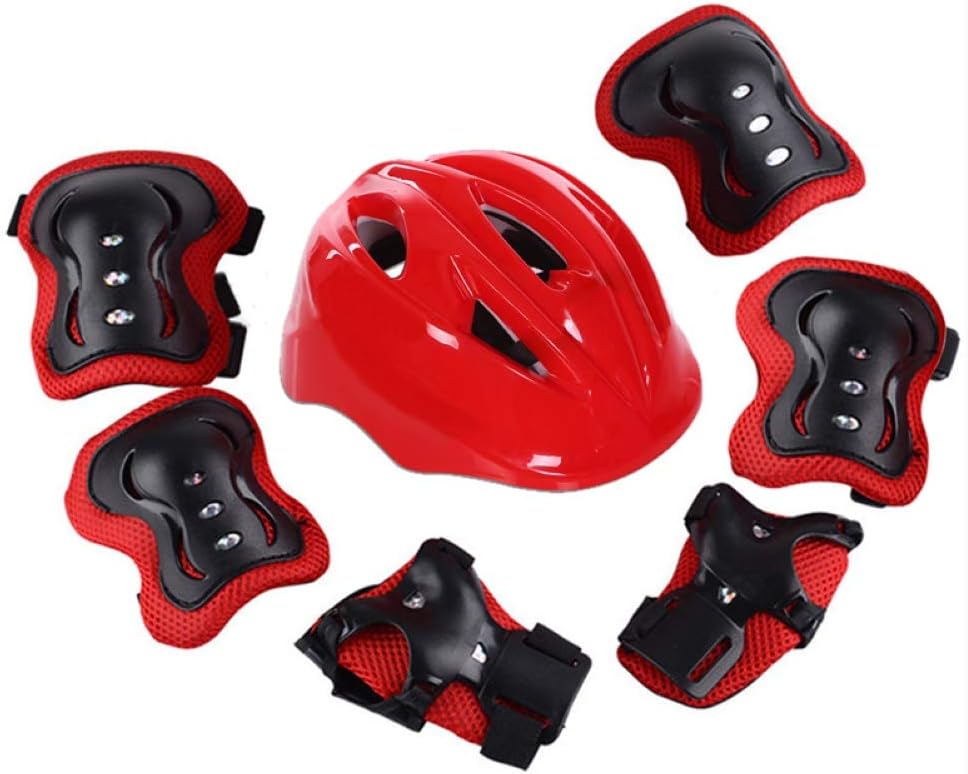 Kids Cycle Helmet for Boys & Girls,7Pcs/Set Roller Skateboard Ski Adjustable PVC Breathable Helmet Arm Sleeve Knee Protector Kit for Skating Pink One Size