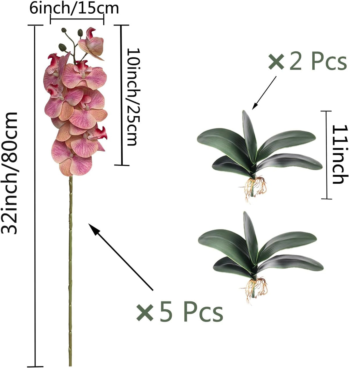 5 Pcs Artificial Orchid Flowers and 2 Bundles Leaves,Artificial Phalaenopsis Flowers 32 Inch Stem Plants for Home Wedding Decoration (Pink)