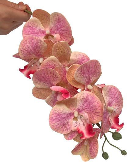 5 Pcs Artificial Orchid Flowers and 2 Bundles Leaves,Artificial Phalaenopsis Flowers 32 Inch Stem Plants for Home Wedding Decoration (Pink)