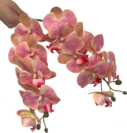 5 Pcs Artificial Orchid Flowers and 2 Bundles Leaves,Artificial Phalaenopsis Flowers 32 Inch Stem Plants for Home Wedding Decoration (Pink)