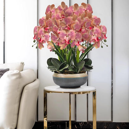 5 Pcs Artificial Orchid Flowers and 2 Bundles Leaves,Artificial Phalaenopsis Flowers 32 Inch Stem Plants for Home Wedding Decoration (Pink)