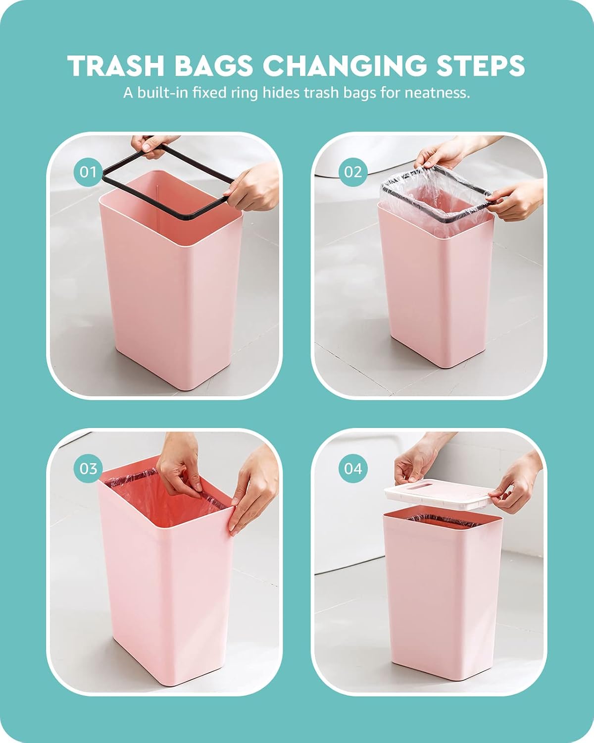 Small Pink Trash Can with Lid for Bathroom, Dorm (2.1 Gal, Plastic)