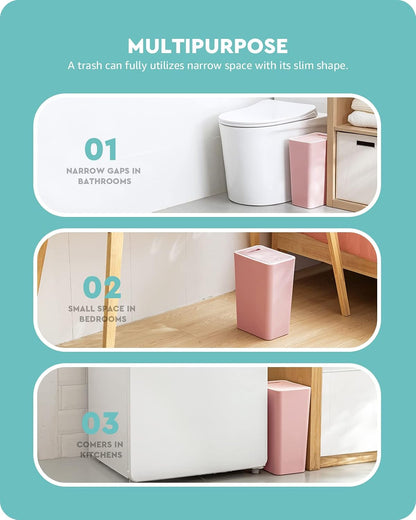 Small Pink Trash Can with Lid for Bathroom, Dorm (2.1 Gal, Plastic)