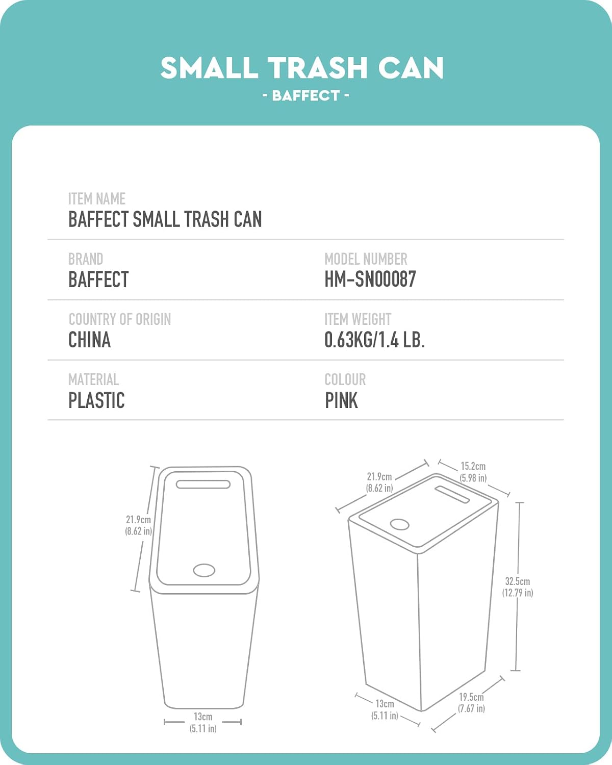 Small Pink Trash Can with Lid for Bathroom, Dorm (2.1 Gal, Plastic)