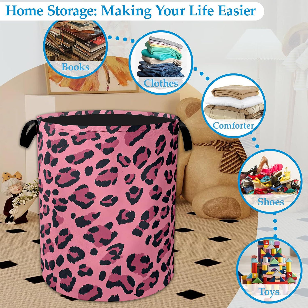 Pink Leopard Laundry Basket Collapsible Laundry Hamper Clothes Storage Bin for Bathroom Bedroom Room Decor 16" X 20.8"