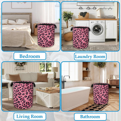 Pink Leopard Laundry Basket Collapsible Laundry Hamper Clothes Storage Bin for Bathroom Bedroom Room Decor 16" X 20.8"