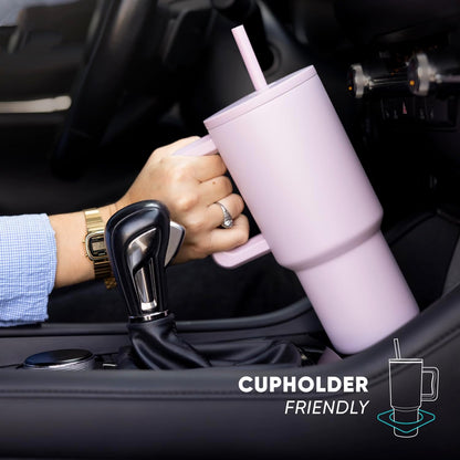 40 oz Trek Tumbler with Handle and Straw Lid | Cup Holder Friendly Insulated Stainless Steel Travel Mug | Blush