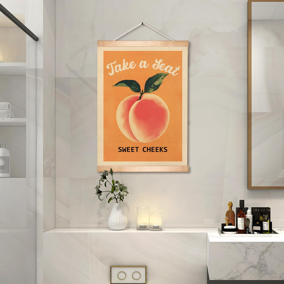 Funny Peach Bathroom Decor Wall Art,18.5x14Inch Take A Seat Sweet Cheeks Wall Hanging Poster,Lovely Fruit Poster Bathroom Decor, Restroom Humor Sign for Toilet,Powder Room (Orange peach)