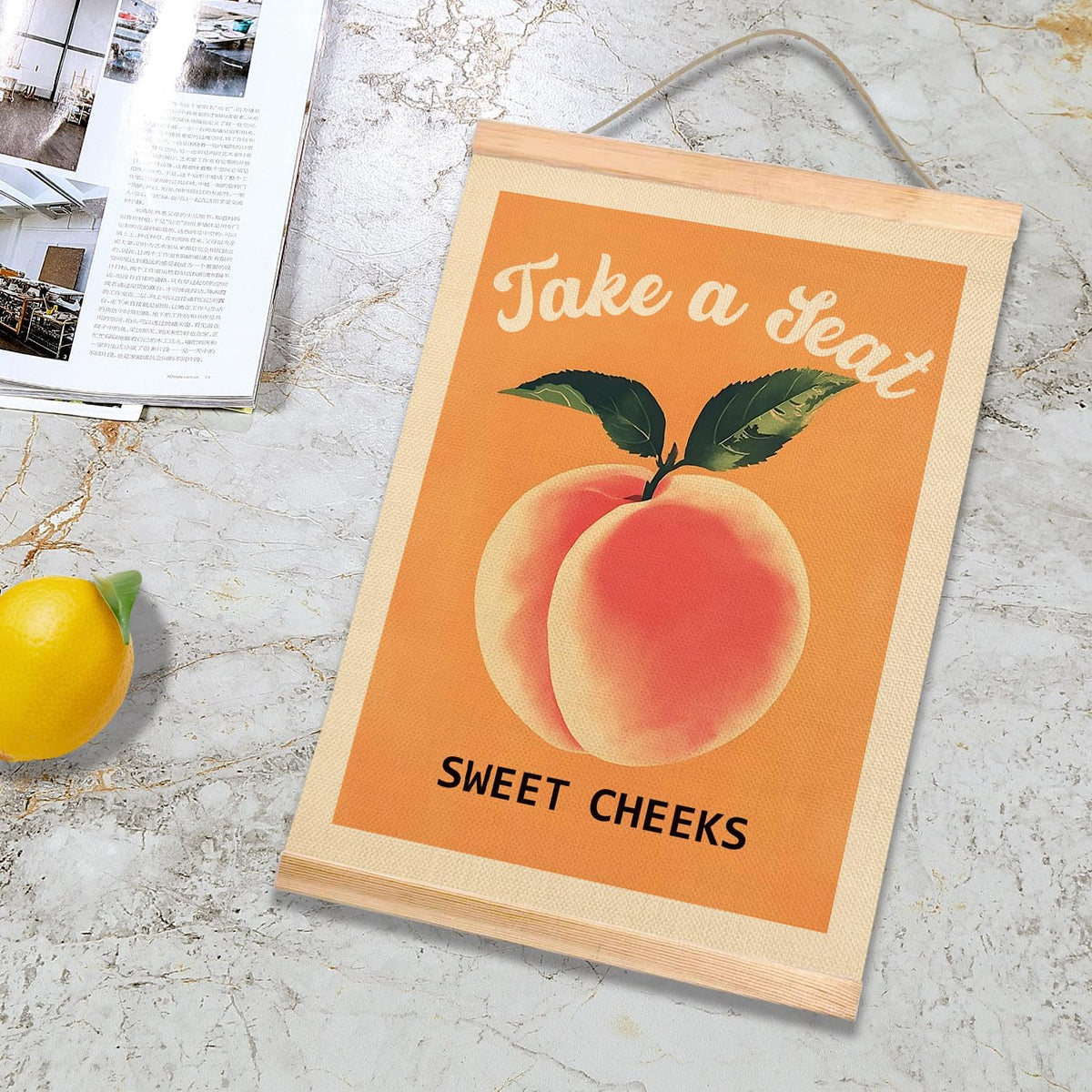 Funny Peach Bathroom Decor Wall Art,18.5x14Inch Take A Seat Sweet Cheeks Wall Hanging Poster,Lovely Fruit Poster Bathroom Decor, Restroom Humor Sign for Toilet,Powder Room (Orange peach)