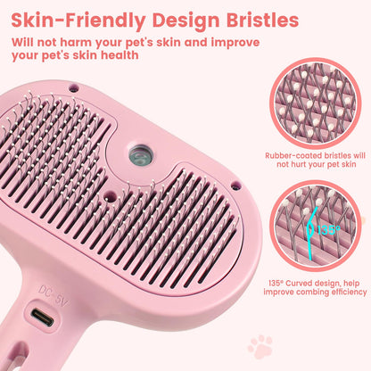 Steam Brush for Shedding Pets - Self-Cleaning Grooming Comb with Water Tank for Long & Short Haired Cats and Dogs (Pink)