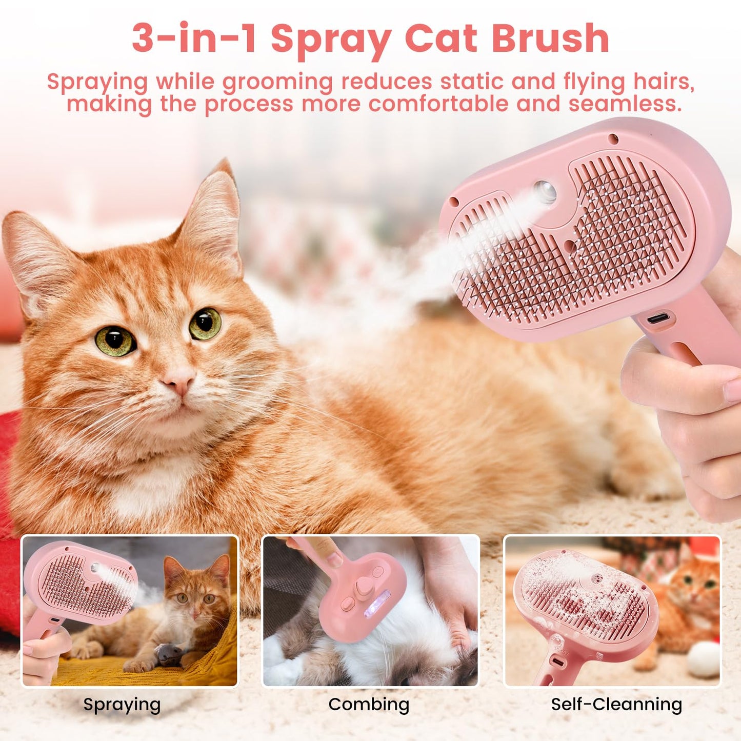Steam Brush for Shedding Pets - Self-Cleaning Grooming Comb with Water Tank for Long & Short Haired Cats and Dogs (Pink)