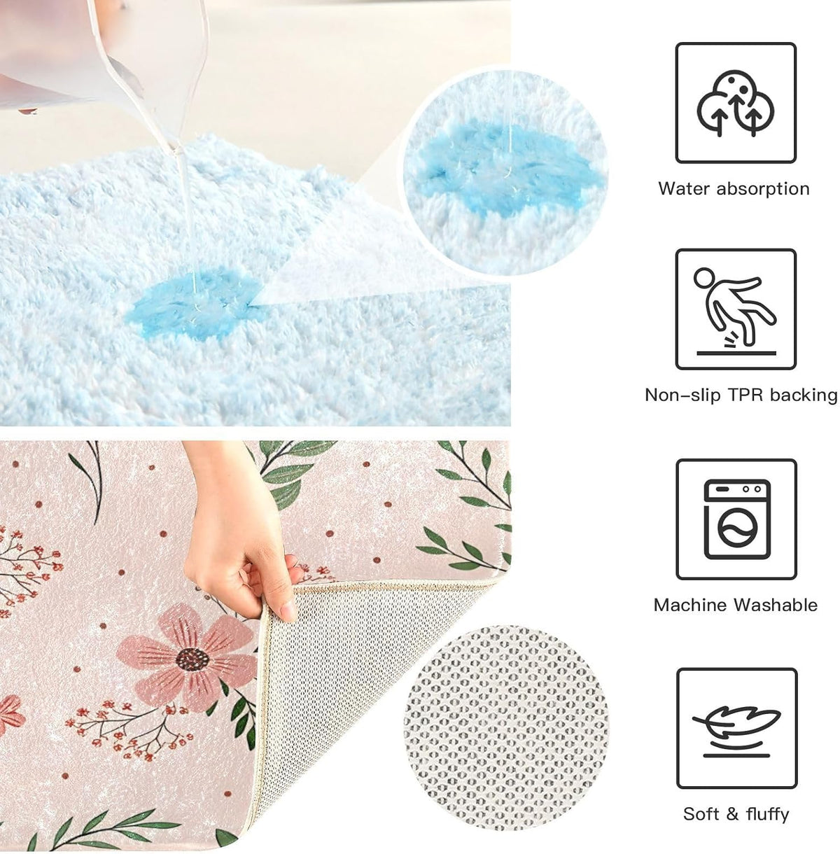 Elegant Flowers Pink Bathroom Mat Rug 24" x 16" Non Slip Super Absorbent Quick Dry Bath Mats for Bathtub Fluffy Rugs