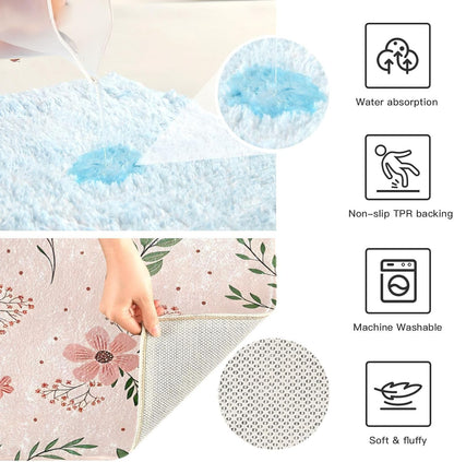 Elegant Flowers Pink Bathroom Mat Rug 24" x 16" Non Slip Super Absorbent Quick Dry Bath Mats for Bathtub Fluffy Rugs