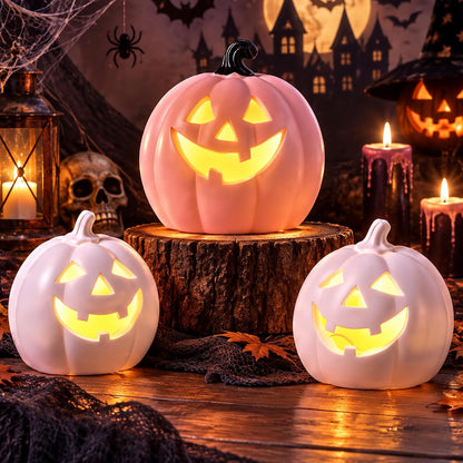 3 Pcs Pink Light up Halloween Pumpkin Decor, Flocked Resin
