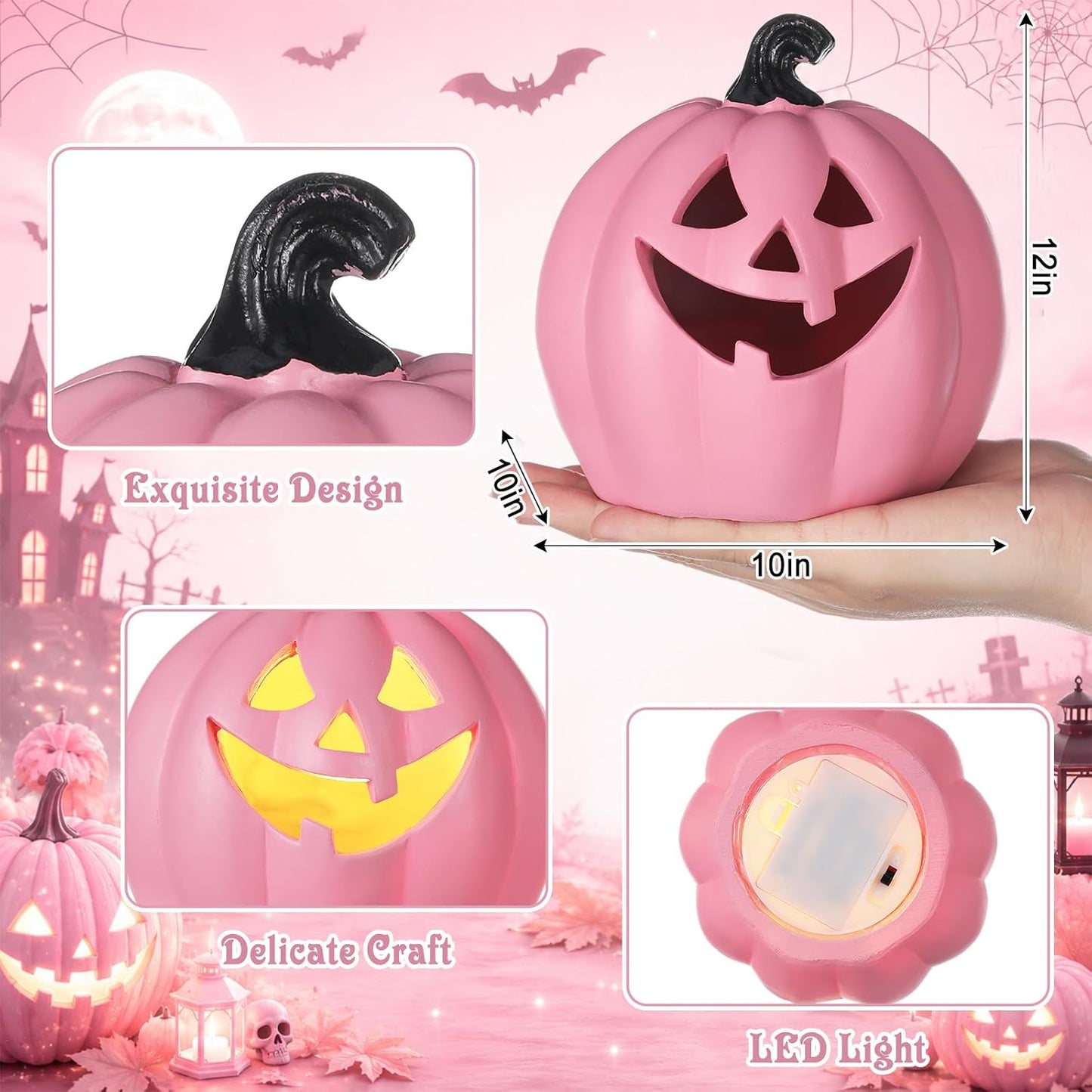 3 Pcs Pink Light up Halloween Pumpkin Decor, Flocked Resin