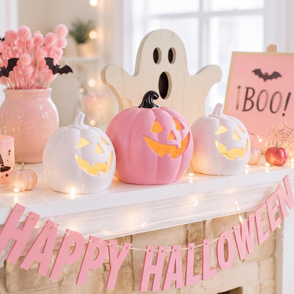 3 Pcs Pink Light up Halloween Pumpkin Decor, Flocked Resin